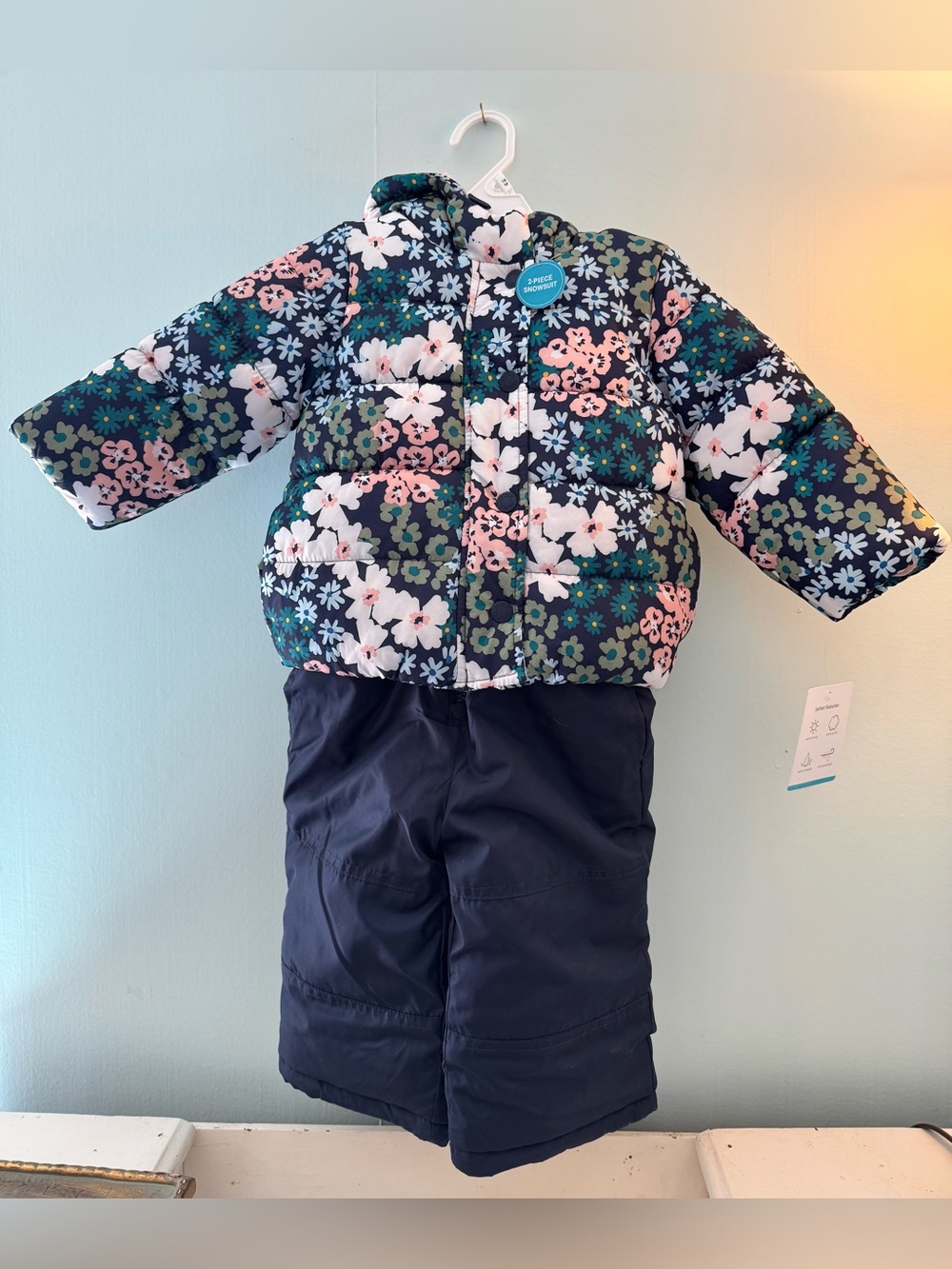 New 18 Months Floral 2-Piece Snowsuit Navy with Pink & White Flowers Coat/Pants